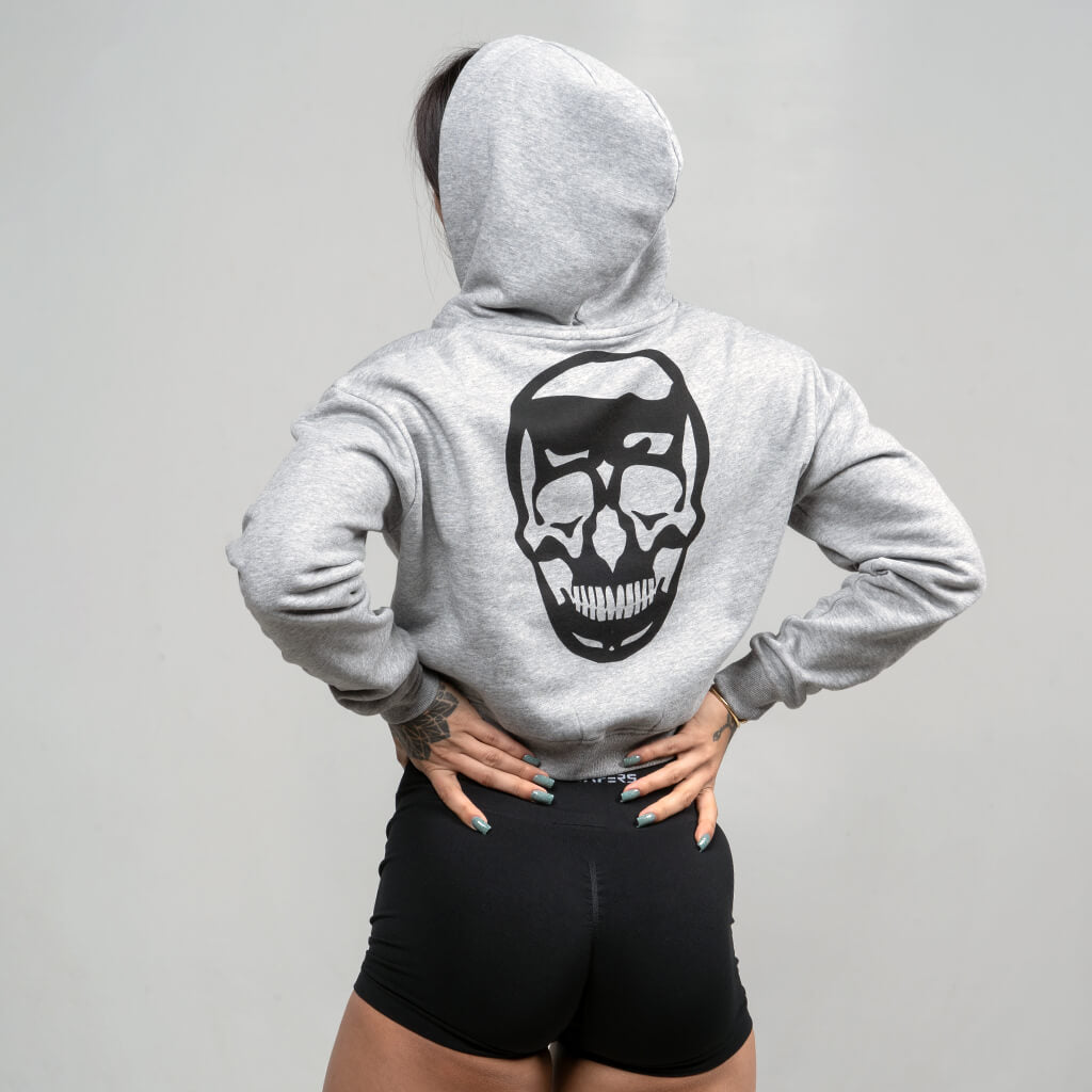 skull hoodie heather gray with logo